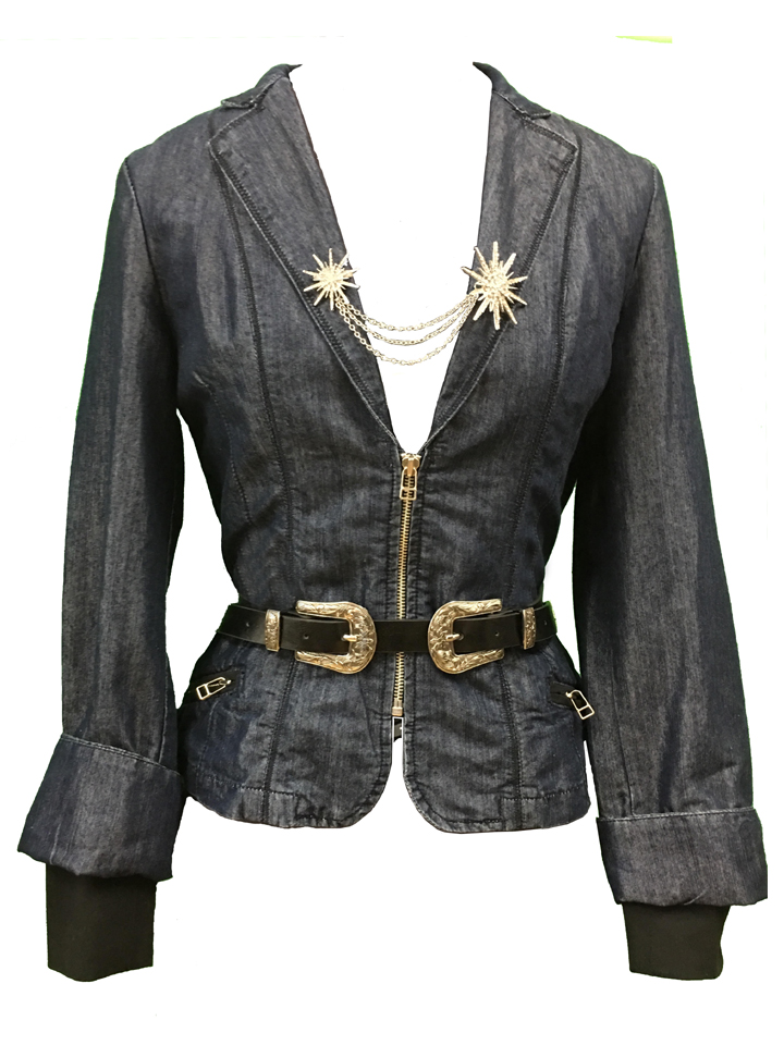 Dark Denim Belted Black Cuffed Jacket with Black Belt & Silver Collar Chain