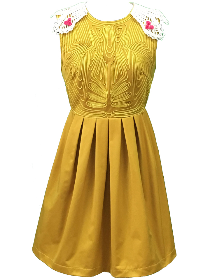 Gold Pleated Dress with Vintage Doily Collar