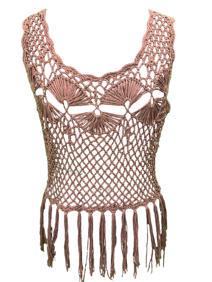 Mauve Macrame Top with Fringe Beatnik garb Upcycled Women's Clothing