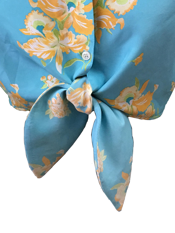 Aqua Floral Midriff-tie Top