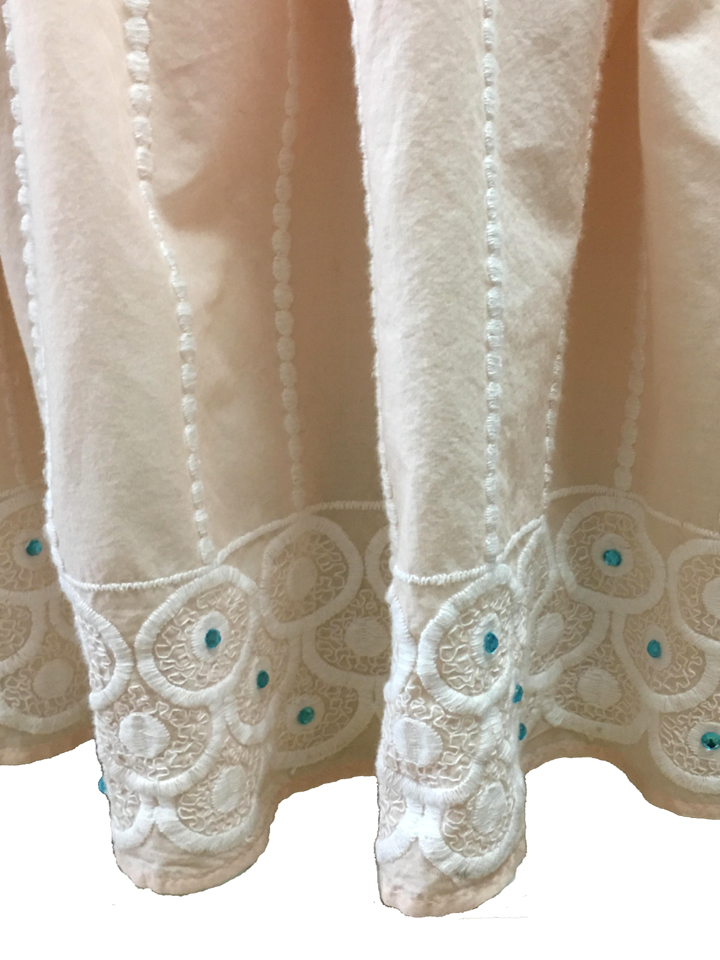 Peach & White Eyelet Dress with Turquoise Trim & Rhinestones