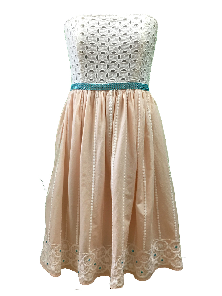 Peach & White Eyelet Dress with Turquoise Trim & Rhinestones