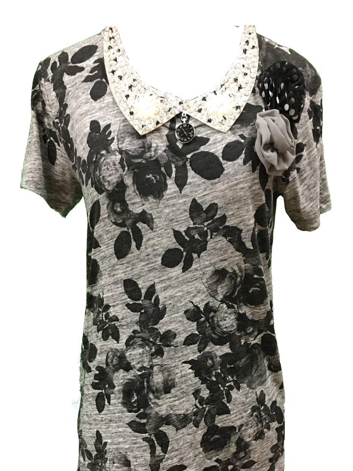 Black & Gray Rose Top with Detachable Pearl & Black Rhinestone Collar