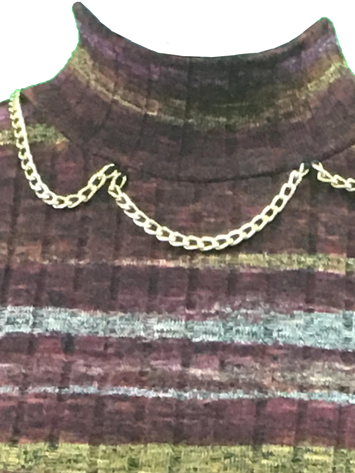 Brown & Olive Striped Knit Shirt with Attached Gold Chain