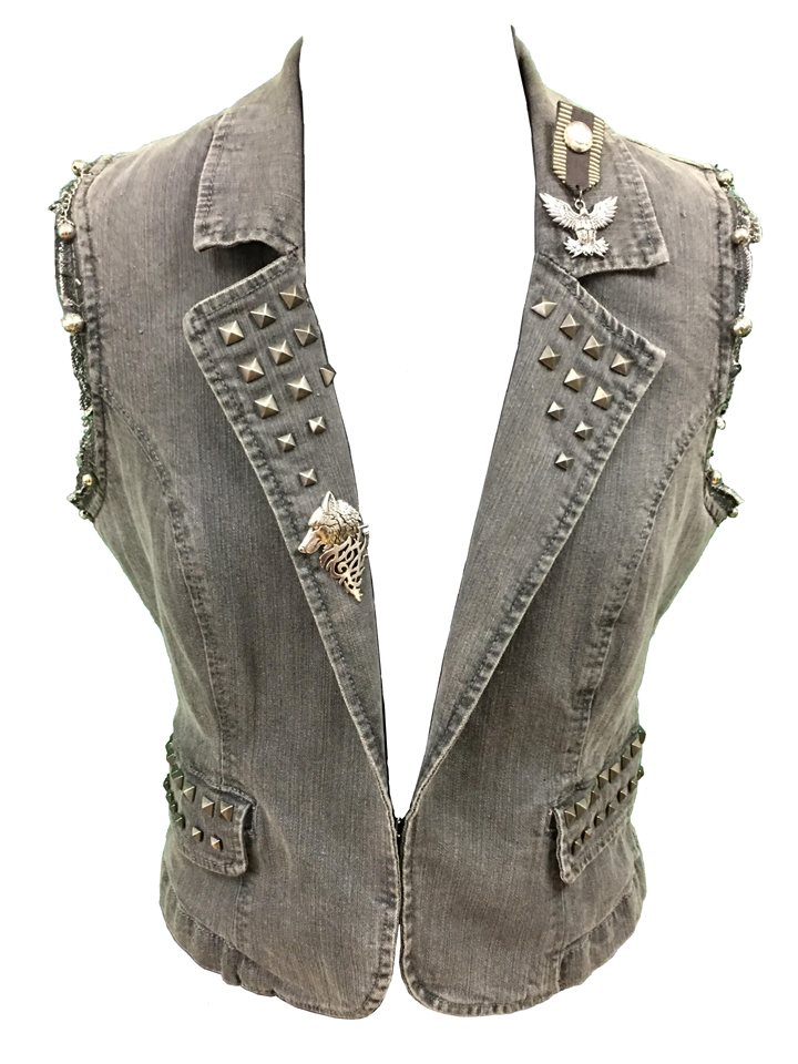 Faded Black Denim Sleeveless Jacket with Studs