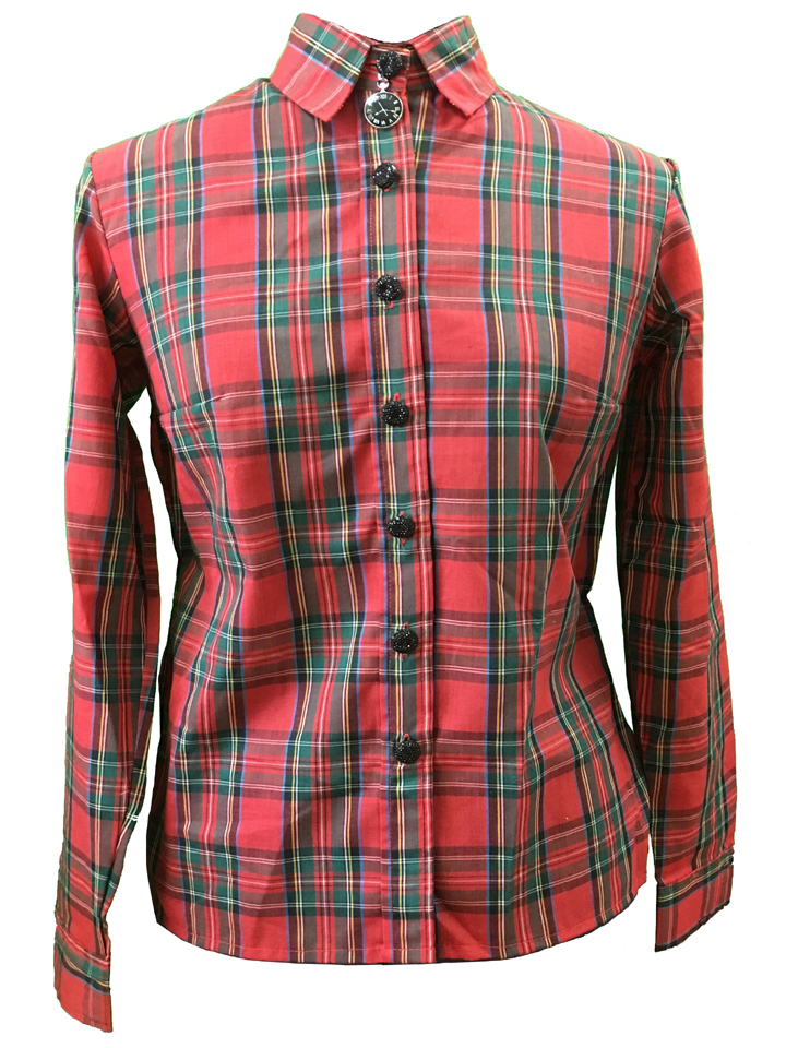 Red & Blue Plaid Shirt with Ornate Black Buttons