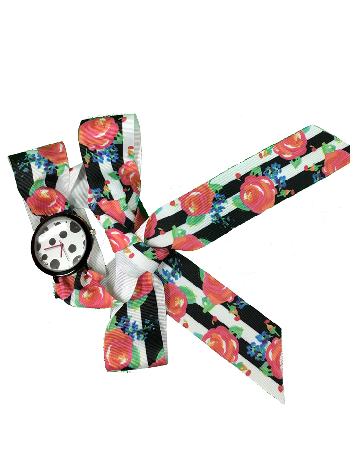 Watch with Rose-striped Ribbon