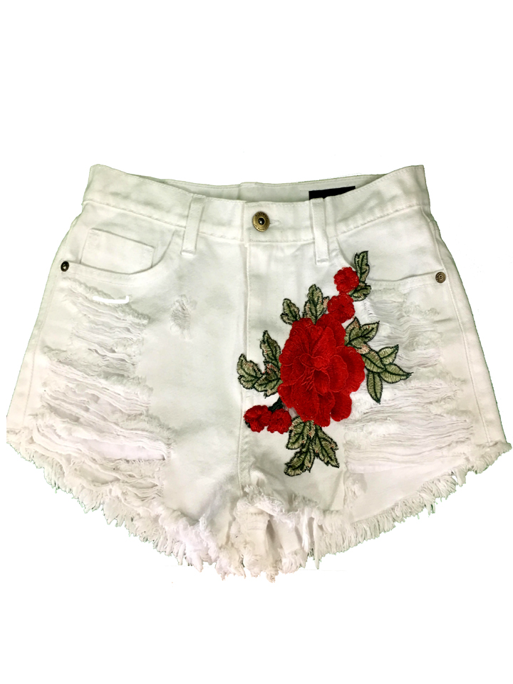 White Shorts with Rose Applique
